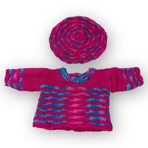Handmade Knit Crochet 18 Inch Doll Clothing Pullover Sweater Hat Beret Pink Blue - Picture 1 of 7